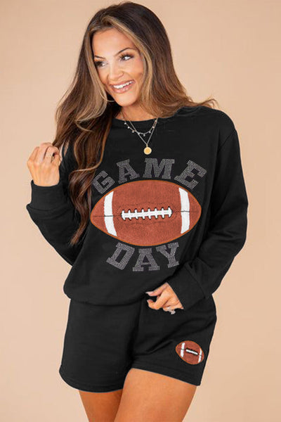 Women's Black Rugby Graphic Pullover & Shorts Set - Casual Athletic Outfit for Game Day Sports Fans