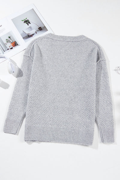 Trendy Light Grey Loose-Fit Eyelet V-Neck Sweater for Women with Drop Shoulder Design for Effortless Chic Style