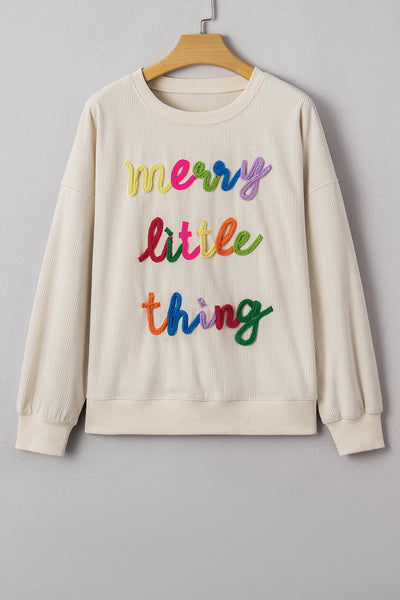 Beige Ribbed Loose Sweatshirt for Women with Corded Letter Graphic - Cozy Casual Top for Effortless Everyday Style