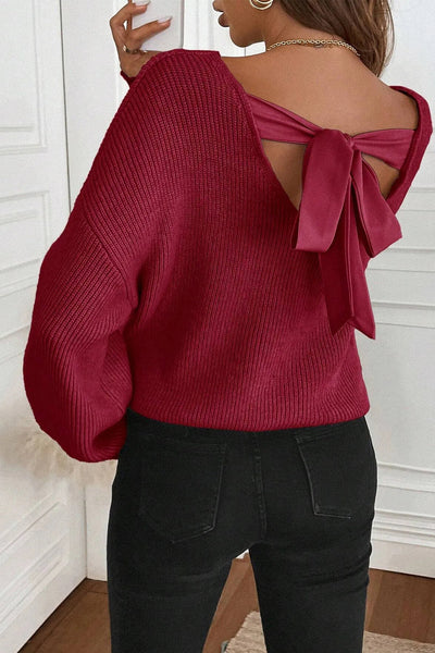 Cozy Women's Red Ribbed Knit Sweater with Contrast Ribbon Knot & Drop Shoulder Trendy Fall Fashion Essential