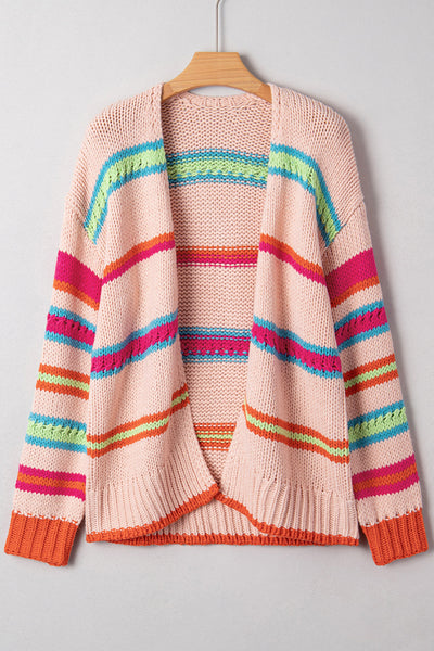 Chic Women's Oversized Multicolor Striped Knit Cardigan - Cozy Open Front Layer for Stylish Fall Outfits