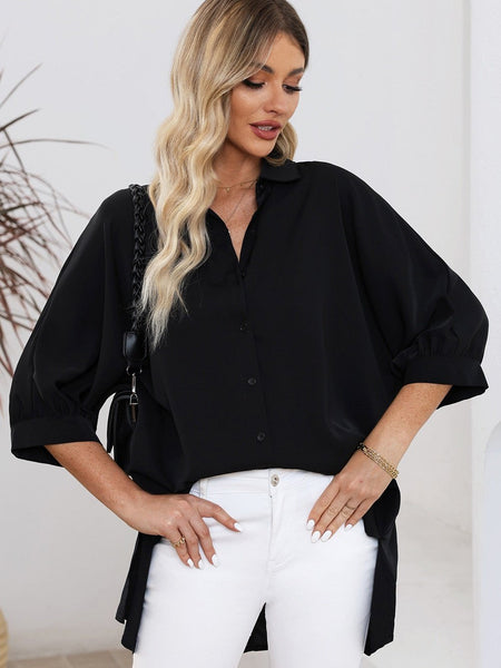 Satin Commute Solid Color V Neck Long Sleeved Blouse