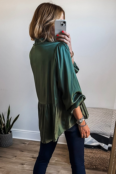 Elegant Mist Green Satin Peplum Blouse for Women with Lace Neckline & 3/4 Sleeves - Chic Casual Elegance