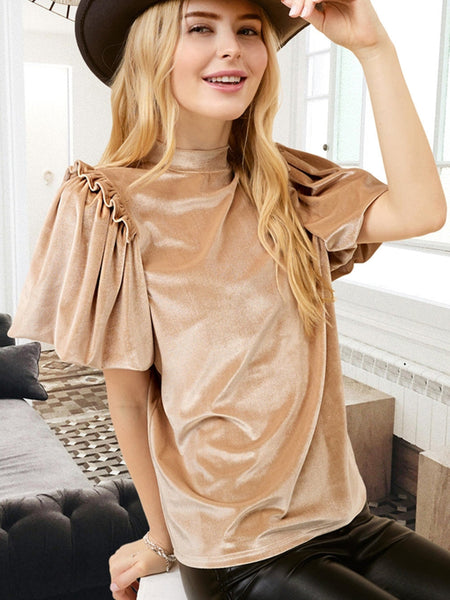 Romantic French Beige Ruffled Puff Sleeve Mock Neck Velvet Blouse