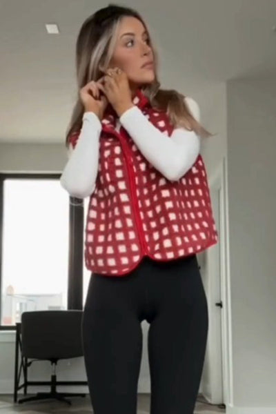Cozy Women's Red Checkered Plush Zip-Up Winter Vest - Stylish Fit for Cold Weather Fashion and Comfort