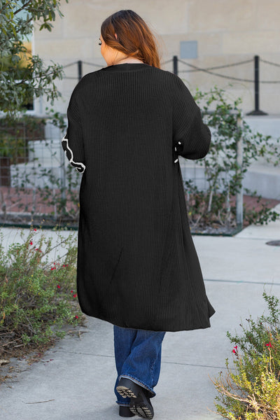 Chic Black Flower Embroidered Duster Cardigan for Women - Stylish Open Front, Drop Shoulder, Perfect for Layering