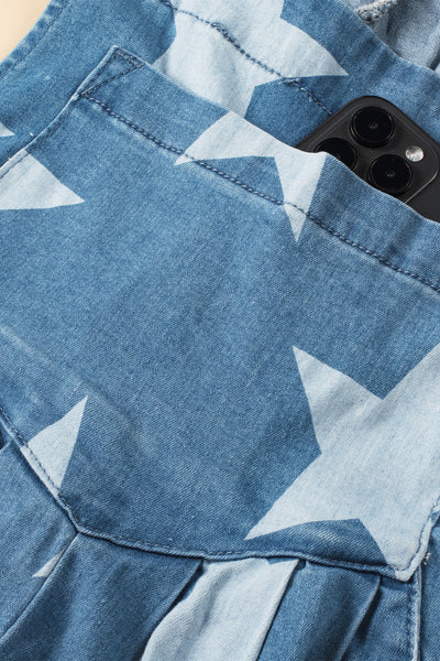 Women's Star Print Buttoned Strap Pleat Wide Leg Denim Overall