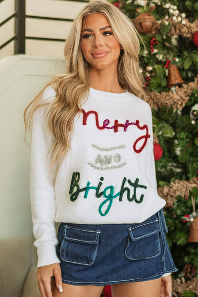 Cozy Women's White Merry and Bright Christmas Sweater with Tinsel - Festive Holiday Style for Winter Cheer