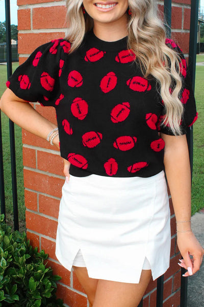 Women's Stylish Black Knit Short Sleeve Sweater with Rugby Print Comfortable Casual Top for Everyday Fashion