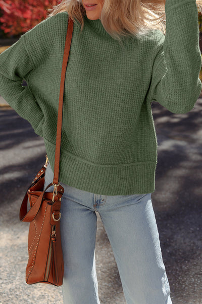 Women's Mist Green Waffle Knit High Neck Sweater