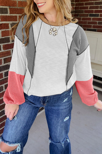 Women's Casual White Textured Knit Top with Stylish Contrast Block Design and Patchwork for Effortless Everyday Chic