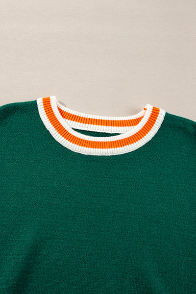 Cozy Women's Blackish Green Colorblock Striped Drop Shoulder Sweater - Stylish Layering Essential for Fall Fashion