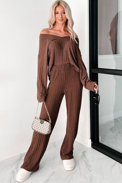 Women's Stylish Coffee Wide Rib Knit V-Neck Pullover and Loose Fit Pants Set - Cozy Loungewear for Relaxation