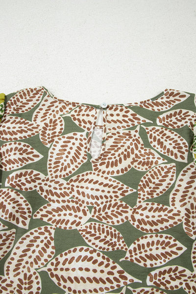 Women's Stylish Green Abstract Leaf Print Long Sleeve Blouse with Ruffle Trim - Trendy Top for Every Occasion
