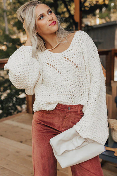 Women's White Cotton-Blend Wide Sleeve Crochet Pullover