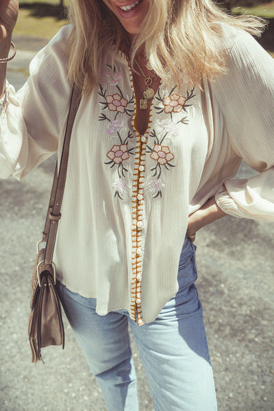Chic Women's Beige Floral Embroidered Puff Sleeve Top - Loose Fit, Textured Design for Effortless Style