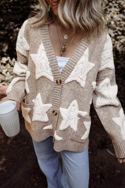 Chic Women's Khaki Sherpa Cardigan with Star Pattern & Pockets - Cozy Textured Sweater for Casual Style