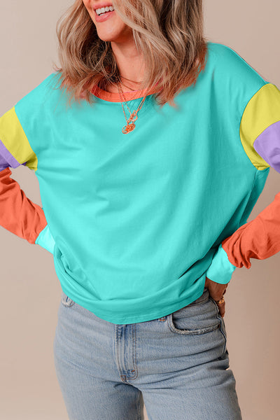 Casual Women's Light Blue Colorblock Long Sleeve Top - Comfortable Loose Fit Patchwork Design for Everyday Style