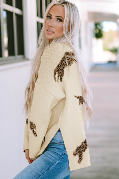 Trendy Women's Parchment Cheetah Print High Neck Sweater with Split Hem - Stylish Casual Knit for Everyday Wear
