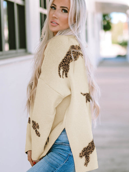Vibrant Cheetah Print High Neck Split Hem Sweater
