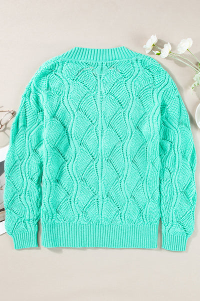 Mint Green Women's V-Neck Hollow Out Knit Sweater with Drop Shoulders - Stylish and Comfortable Knitwear for Spring