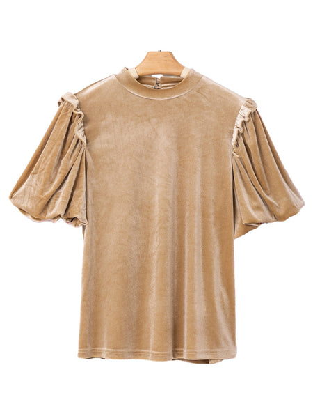 Romantic French Beige Ruffled Puff Sleeve Mock Neck Velvet Blouse