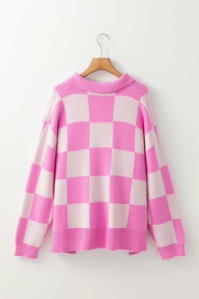 Cozy Plus Size Women's Pink Checkered Sweater with Half Button Collar for Effortless Chic Style