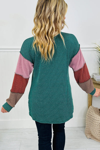 Women's Lapis Twisted Ribbed Color Block Long Sleeve Henley Top with Exposed Seams - Trendy Casual Style