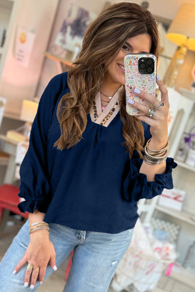 Women's Midnight Blue Leopard Trim V-Neck Flounce Sleeve Blouse