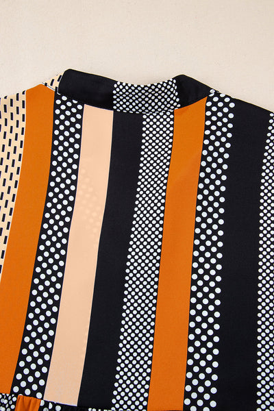 Chic Women's Black Striped Polka Dot Mini Dress with Ruffled Hem and V-Neck for Trendy Summer Style
