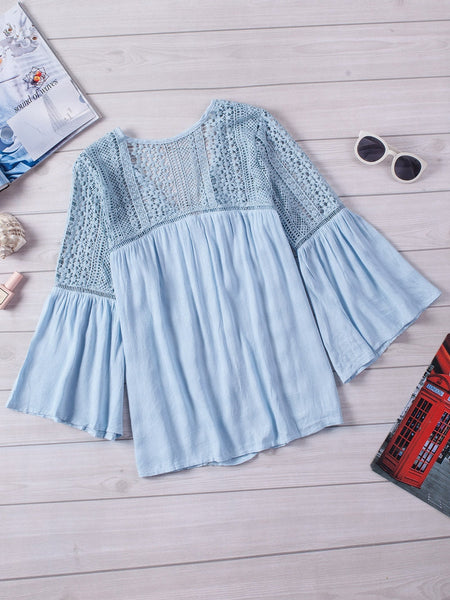 Whimsical Sky Blue Crochet Bell Sleeve Blouse