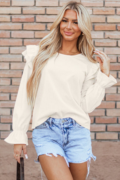 Stylish Women's Beige Corduroy Blouse with Ruffled Sleeves Comfortable Everyday Top for Effortless Chic Looks