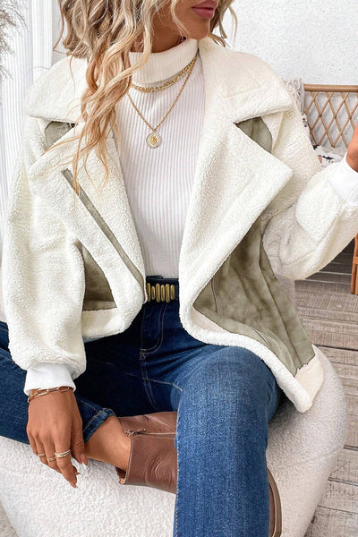 Women's Cozy Laurel Green Faux Suede Sherpa Jacket with Pockets - Stylish Zip-Up Outerwear for Comfort and Warmth