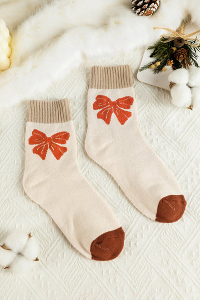 Women's Khaki Bow Print Knit Crew Socks in Socks