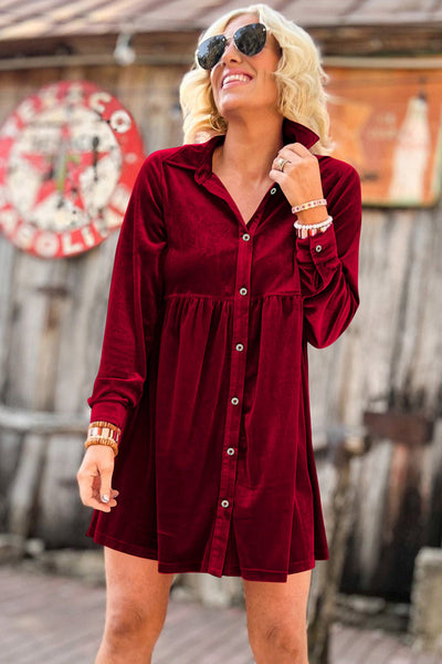 Chic Women's Fiery Red Velvet Long Sleeve Ruffle Dress - Stylish Button-Up Fit Perfect for Special Occasions