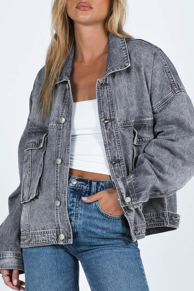 Casual Women's Gray Denim Jacket with Chest Pockets, Drop Shoulder Design, Relaxed Fit for Effortless Everyday Style