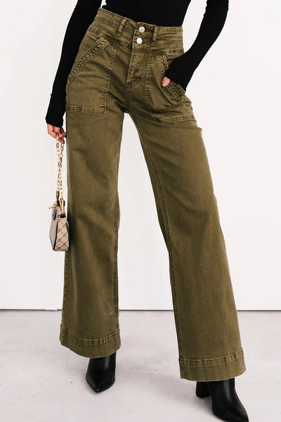 Women's Jungle Green Wide Leg Mica Denim Jeans - Effortlessly Chic Casual Fit for Everyday Style and Comfort