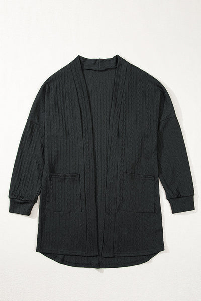 Chic Black Textured Knit Cardigan for Women with Side Pockets and Open Front  Stylish Layering Essential