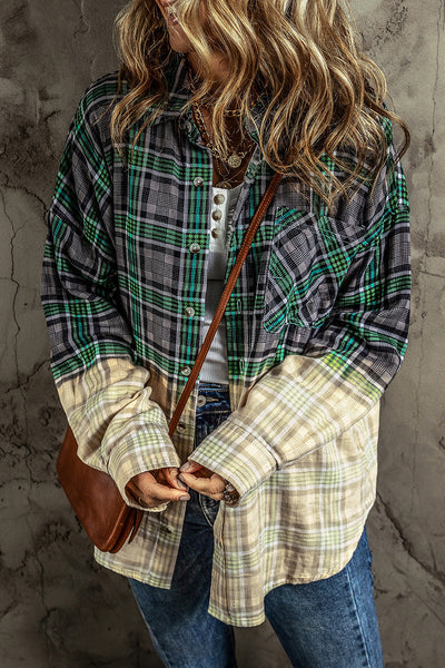 Green Plaid Patchwork Button Up Shacket with Chest Pocket