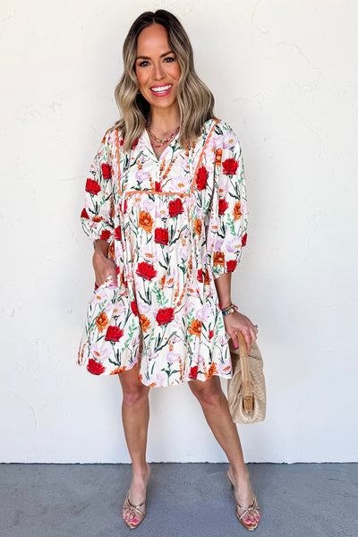 Women's Floral Ricrac Trim Mini Dress with Puff Sleeves