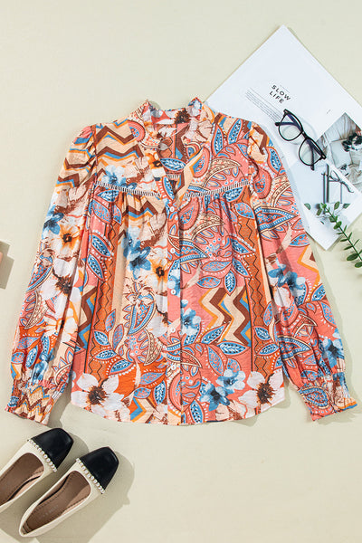 Women's Stylish Orange Floral Print Loose Blouse with Shirred Cuffs and Button Detail - Comfortable Casual Top