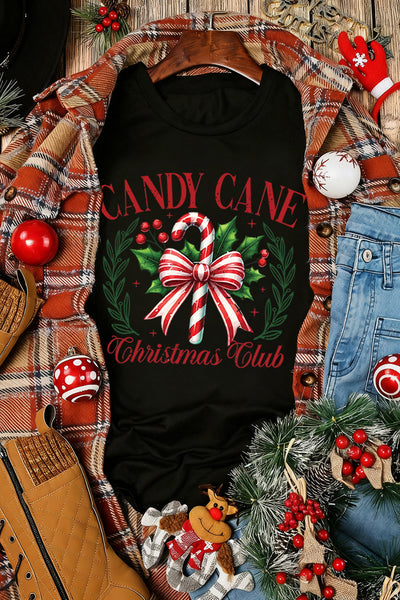 Women's Candy Cane Christmas Club Graphic Tee in Premium Black Jersey made for easy styling and wardrobe coordination, with premium-like structure and