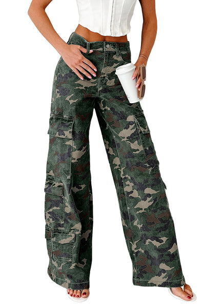 Trendy Women's Green Camo Wide Leg Cargo Pants - Comfortable Fit with Spacious Pockets for Effortless Style