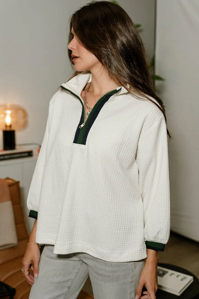 Women's Cozy White Waffle Texture Polo Neck Zip-Up Jumper with Contrast Details Trendy Casual Style for Every Season