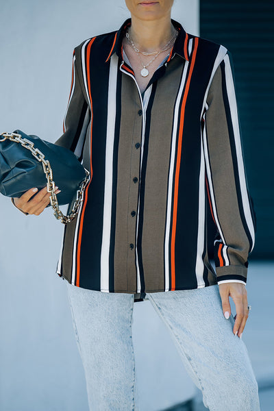 Chic Women's Black and Brown Striped Shirt - Tailored Fit for Effortless Style and Versatile Everyday Wear