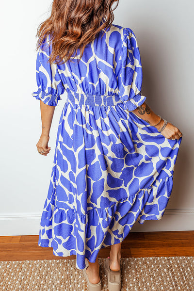 Women's Blue Abstract Smocked Maxi Dress with Puff Sleeves
