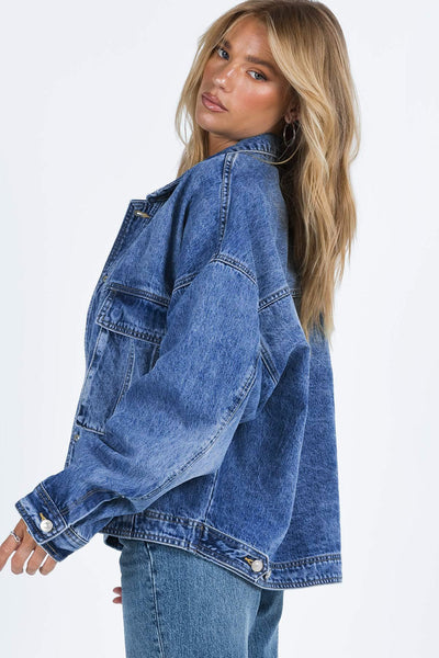 Women's Relaxed Fit Blue Denim Jacket with Chest Pockets and Drop Shoulder for Effortless Casual Style