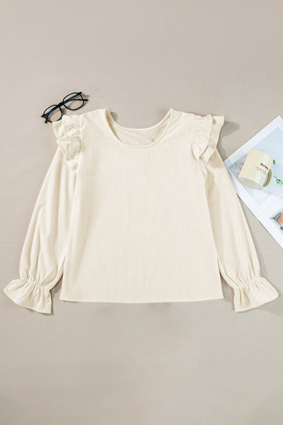 Stylish Women's Beige Corduroy Blouse with Ruffled Sleeves Comfortable Everyday Top for Effortless Chic Looks