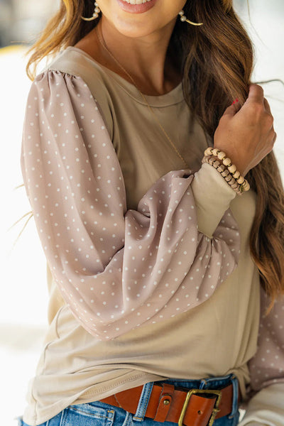 Chic Women's Parchment Polka Dot Chiffon Blouse with Patchwork Long Sleeve Round Neck Top for Effortless Casual Style