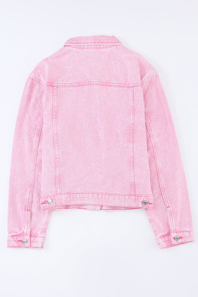 Women's Pink Acid Wash Button Flap Pocket Denim Jacket